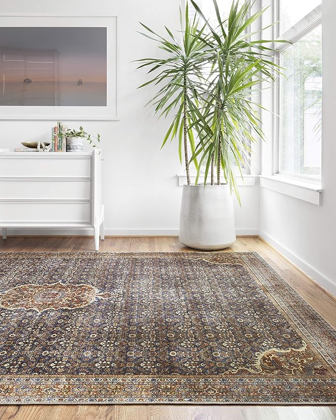 Loloi Layla Collection LAY-09 Cobalt Blue/Spice 2'-6" x 9'-6" .13" Thick Runner Rug, Soft, Durable, Vintage Inspired, Distressed, Low Pile, Non-Shedding, Easy Clean, Printed, Living Room Rug