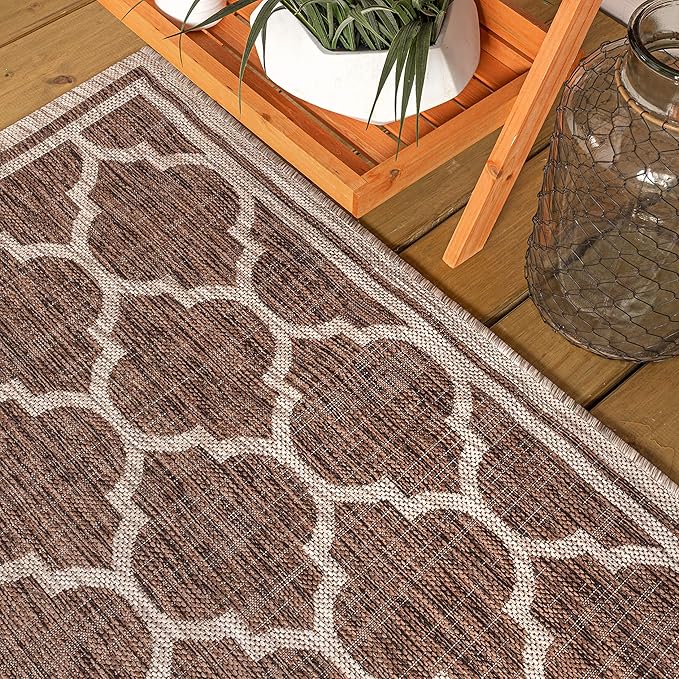 Eyely BMS109B-210 Santa Monica Trebol Moroccan Trellis Textured Weave Indoor/Outdoor Runner Rug Coastal;Bohemian, Bedroom, Backyard, Patio, Easy-Cleaning, Non-Shedding, 2 X 10, Espresso/Taupe