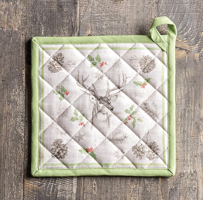 Maison d' Hermine Pot Holders 100% Cotton Heat Resistant Potholders 8" x 8" Hot Pads with Loop for Thanksgiving Christmas Decorations BBQ Cooking Baking Handling Hot Pans (Pack of 1, Christmas Dew)
