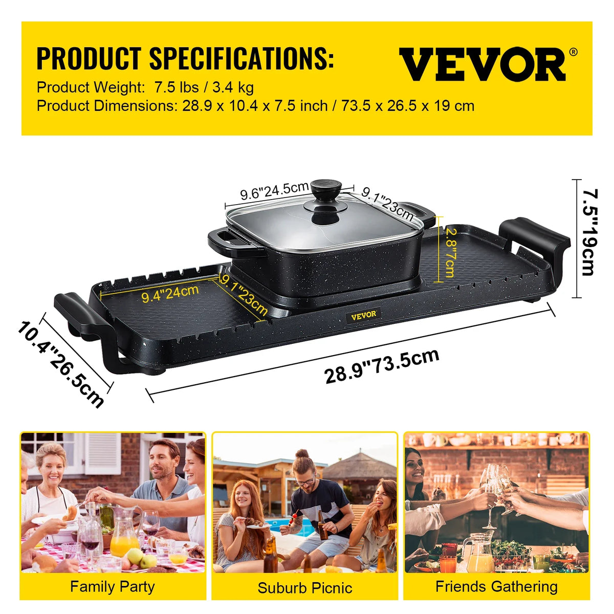 2in1 Electric BBQ Pan Grill Hot Pot 2400W Multifunction Home Portable Smokeless Nonstick Detachable Hot Pot Barbecue Plate