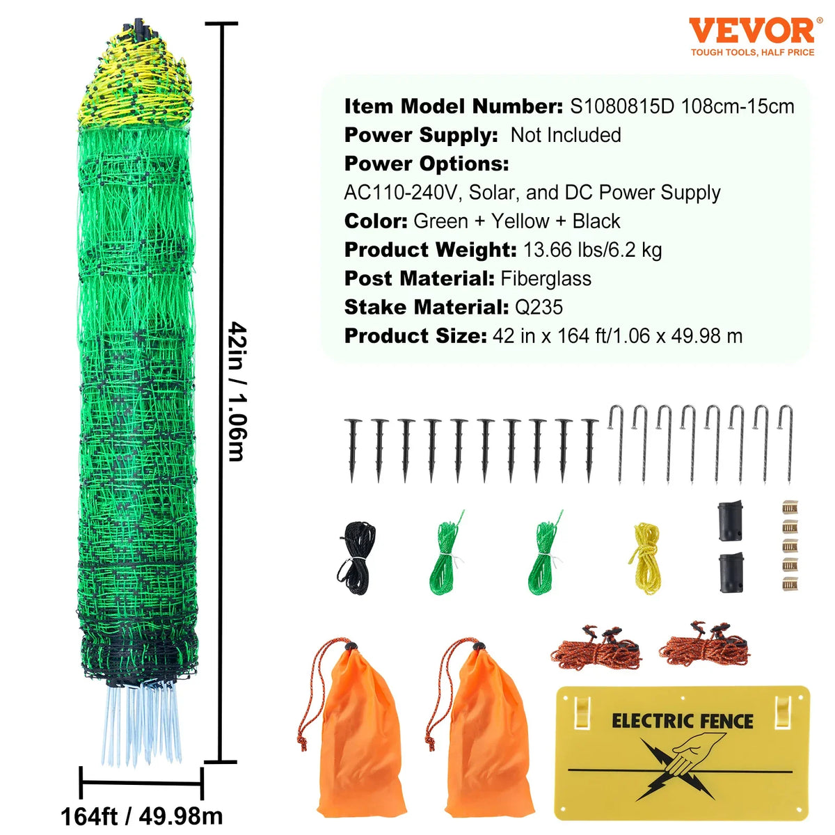 Electric Fence Netting PE Net Fencing with Posts Double-Spiked Stakes Utility Portable Mesh for Goats Sheep Lambs Deer Hog