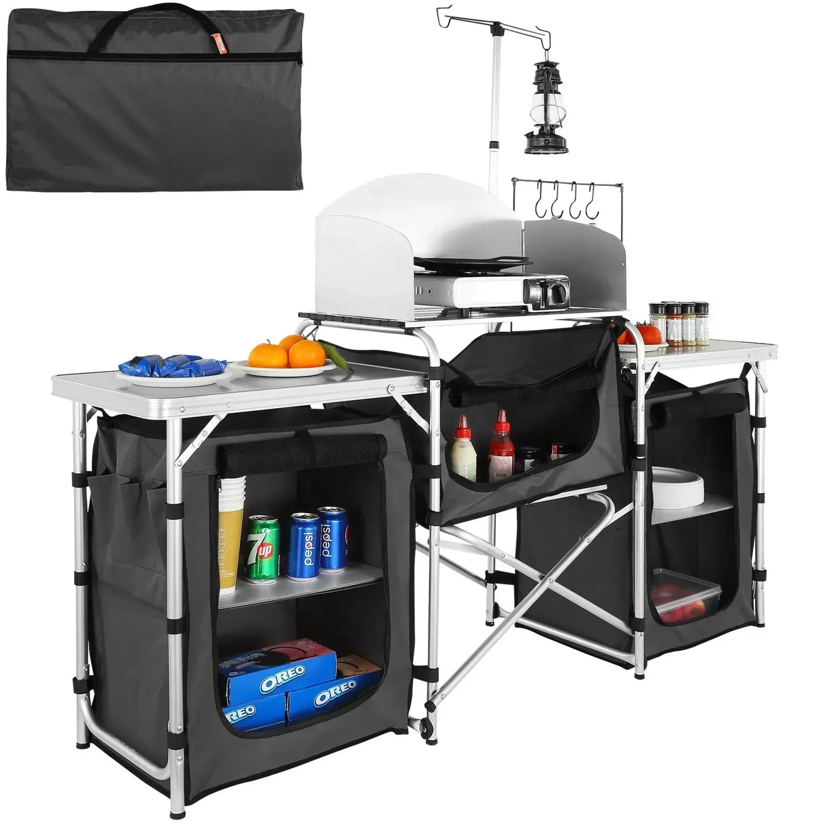 Camping Kitchen Dining Table, Foldable Outdoor Cooking Table With Storage Bag, Aluminum Cooking Table With 3 Cabinets