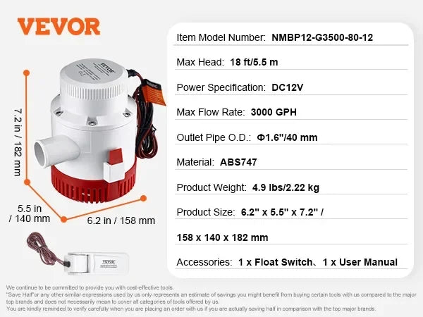 Bilge Pump 750/1100/3000GPH 12V Automatic Submersible Bilge Water Pump with Float Switch for Boats, Pools, Basements