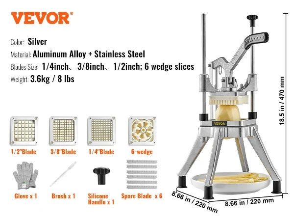 Commercial French Fry Cutter w/ 4 Replacement Blades, Different sizes Blade Chopper, 6-wedge Slicer & 6-wedge Apple Corer