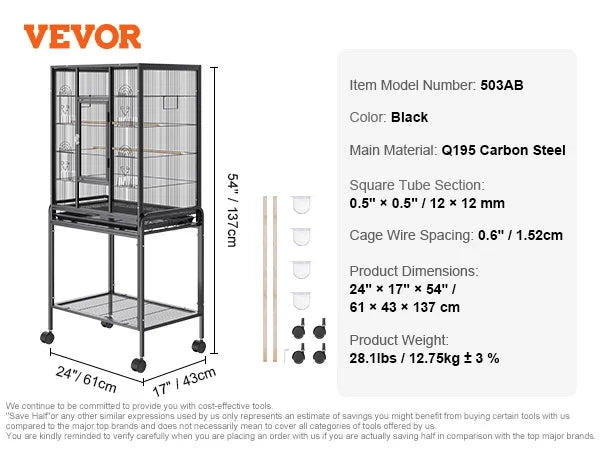 52/54inch Standing Large Bird Cage, Wrought Iron Flight Bird Cage for Cockatiels ,Parrots, Macaw w/Rolling Stand and Tray