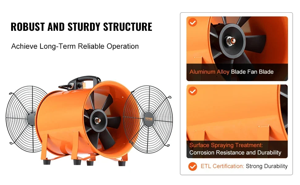 Portable Ventilator 254mm Cylinder Fan with 10m Duct Hose, 300W Strong Shop Exhaust Blower for Sucking Dust Smoke