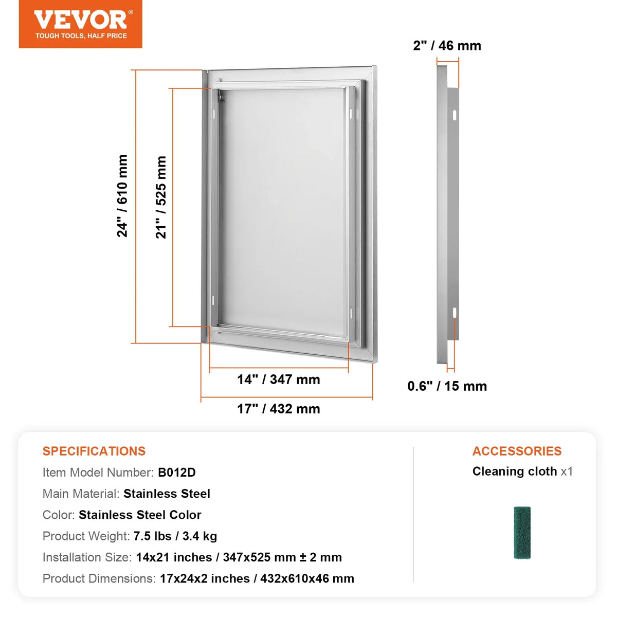 BBQ Access Door Stainless Steel Flush Mount Door Wall Vertical Door with Recessed Handle Grilling Station Outside Cabinet