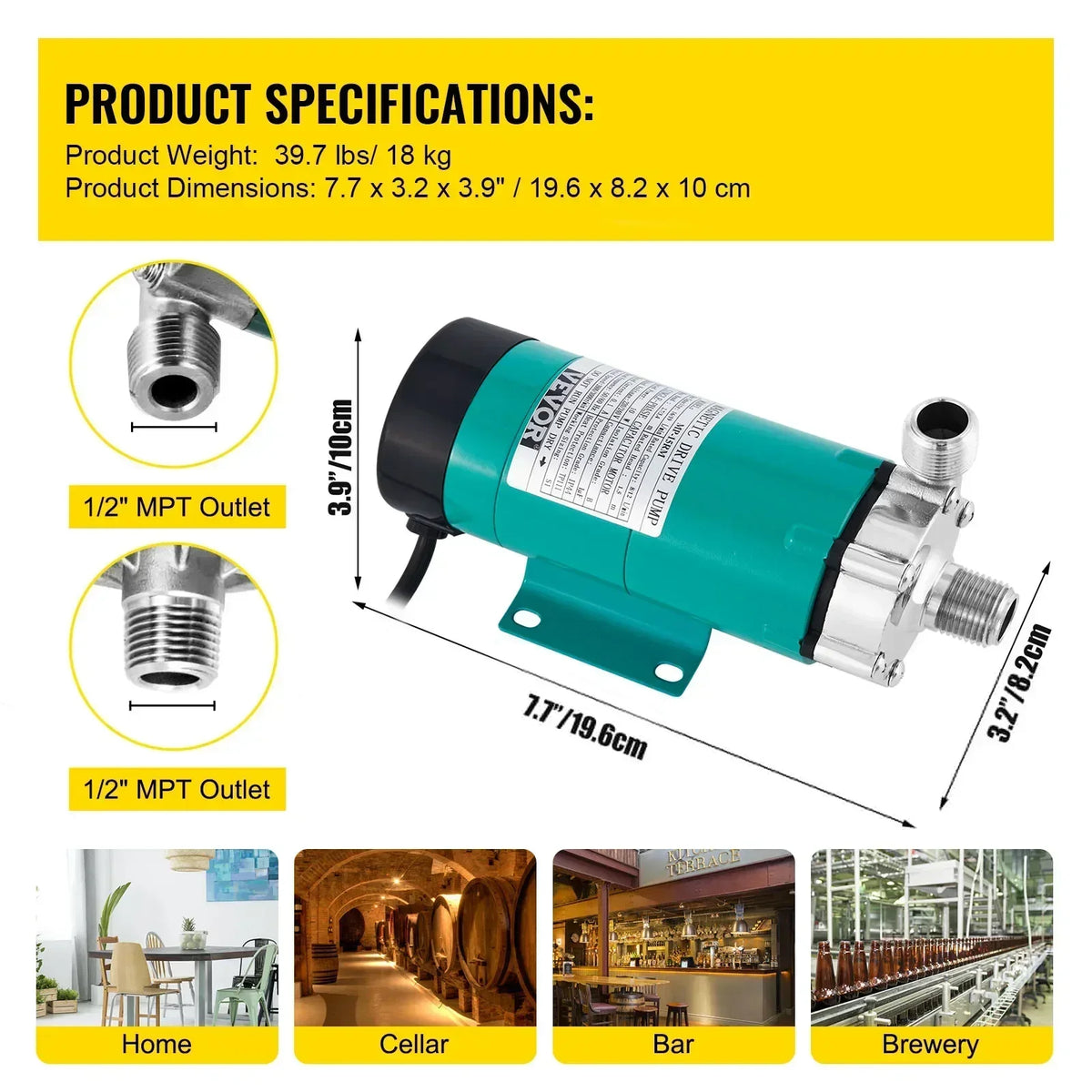 Magnetic Beer Pump Homebrew Brewing MP-15RP Food Grade 304 Stainless Steel High Temperature 120 ℃ 1/2" MPT for Brewery Bar