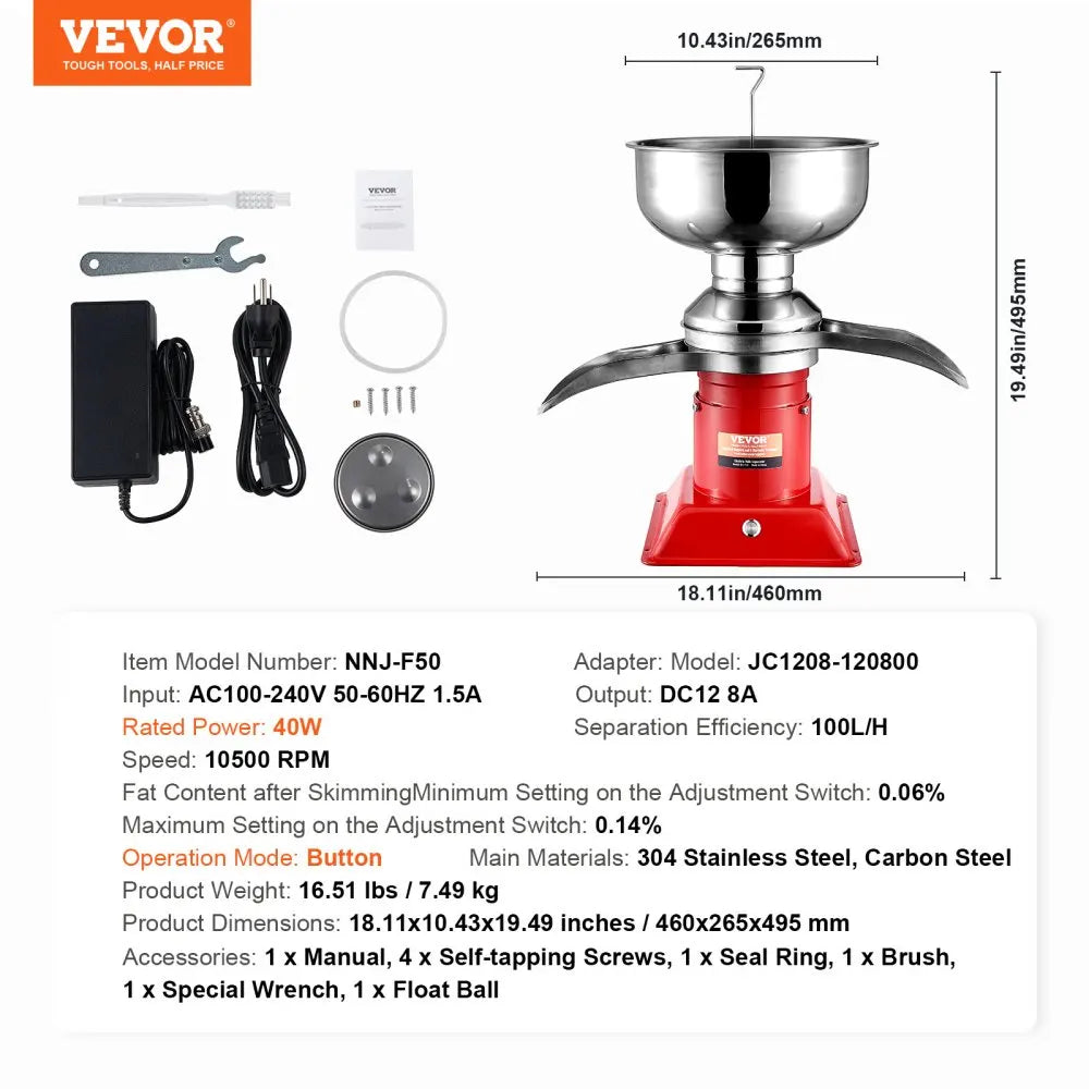 100L/H Electric Milk Cream Separator, Commercial/Household Stainless Steel Centrifugal Skimmer for Butter Making & Skimmin