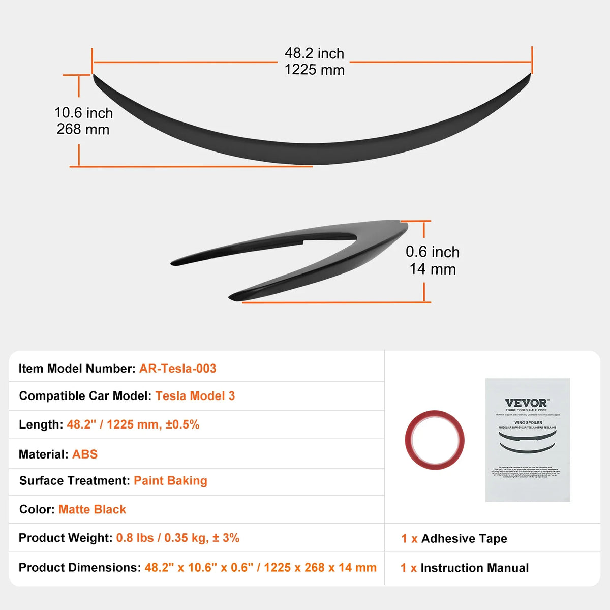 48.2/47.2 inch Spoiler Compatible with Tesla Model 3/Model Y, High Strength ABS Material, Racing Spoilers for Cars