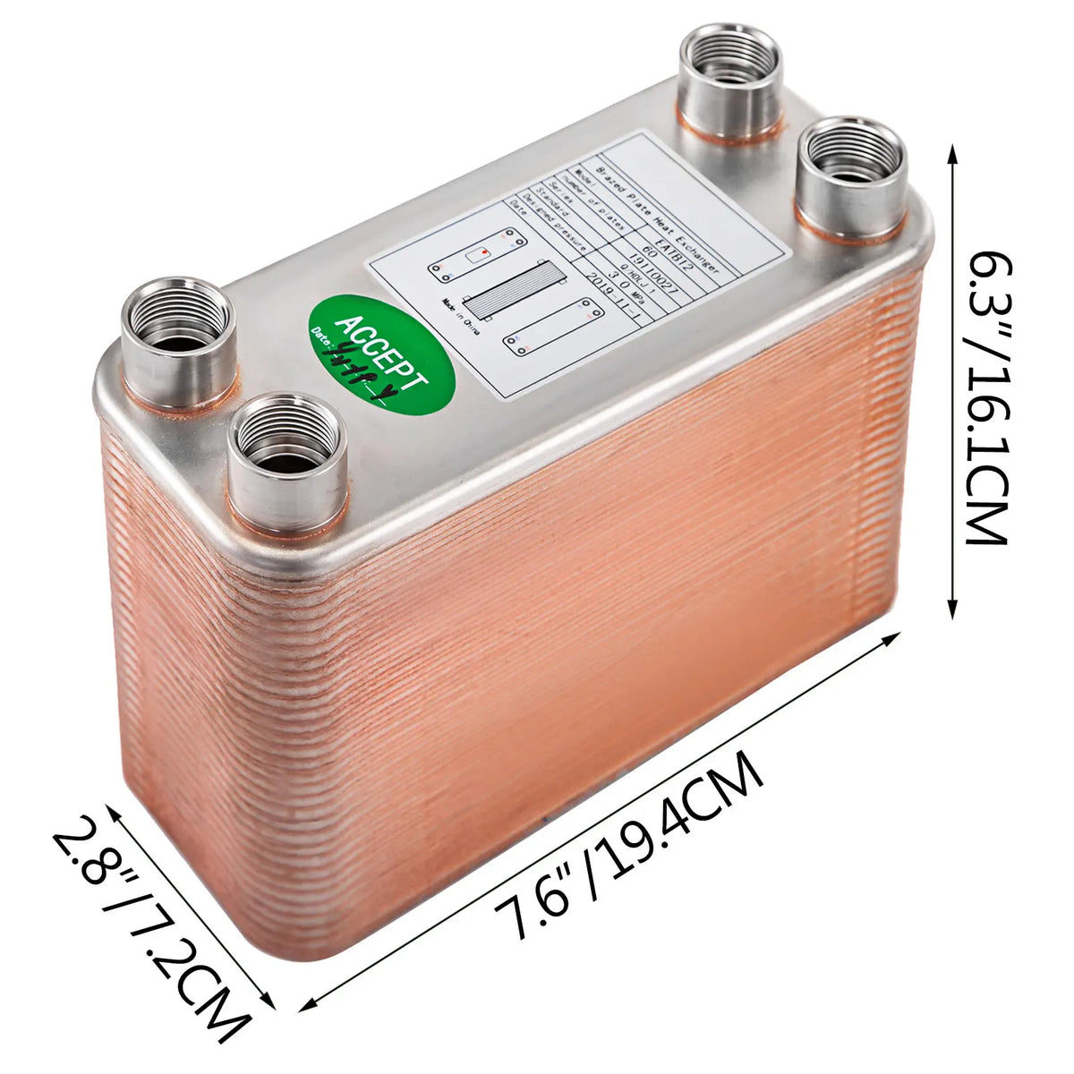 Heat Exchanger 60 Plates Brazed Plate Heat Exchanger BSP FPT Heat Exchanger EATB12 Beer Wort Chiller for Hydronic Heating