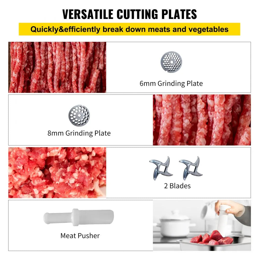 Commercial Meat Grinder 550LB/h Electric Sausage Maker Stainless Steel with 2 Blades, Grinding Plates & Stuffing Tubes