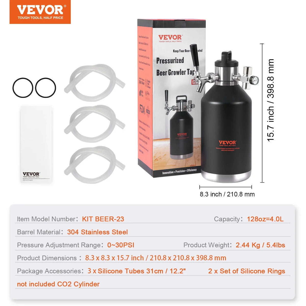 Beer Growler Tap System, 64/128 Oz Mini Keg,304 Stainless Steel Pressurized Beer Growler, Keg Growler w/ Pressure Display