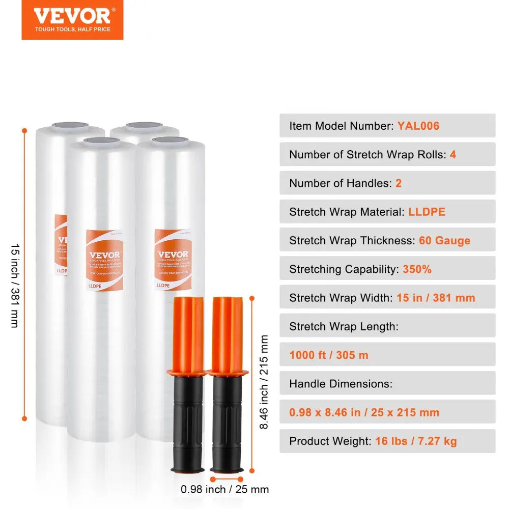 Stretch Wrap 15'' x 1000/1200 ft 1-4 Pack, 60/80 Gauge Heavy-Duty Shrink Film with Handles for Pallet Wrapping