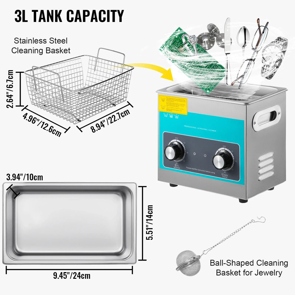 3L Knob Ultrasonic Cleaner Knob Control 304 Stainless Steel Ultrasonic Cleaning Machine w/Heater & Timer for Watch Jewelry