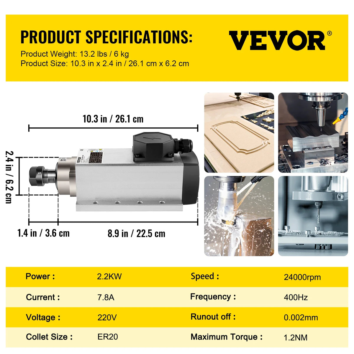 2.2KW CNC Square Air Cooled Spindle Motor ER20 Collet 4 Bearing Frequency Converter CNC Router Engraving Milling Machine