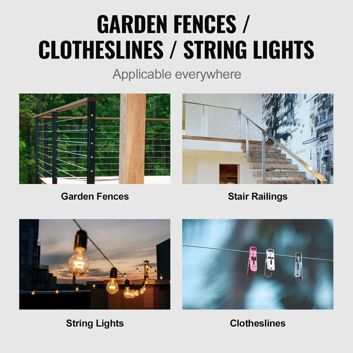 Wire Rope Kit 304 Stainless Steel Cable Construction Marine Aircraft Grade for Handrail Decking Garden Fence Clothes Line