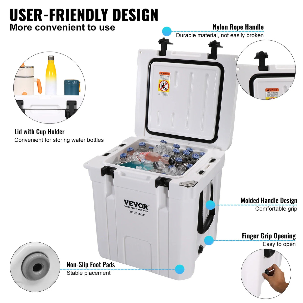 Insulated Portable Cooler, 33 qt, Holds 35 Cans, Ice Retention Hard Cooler w/Heavy Duty Handle, for Camping, Beach, Picnic