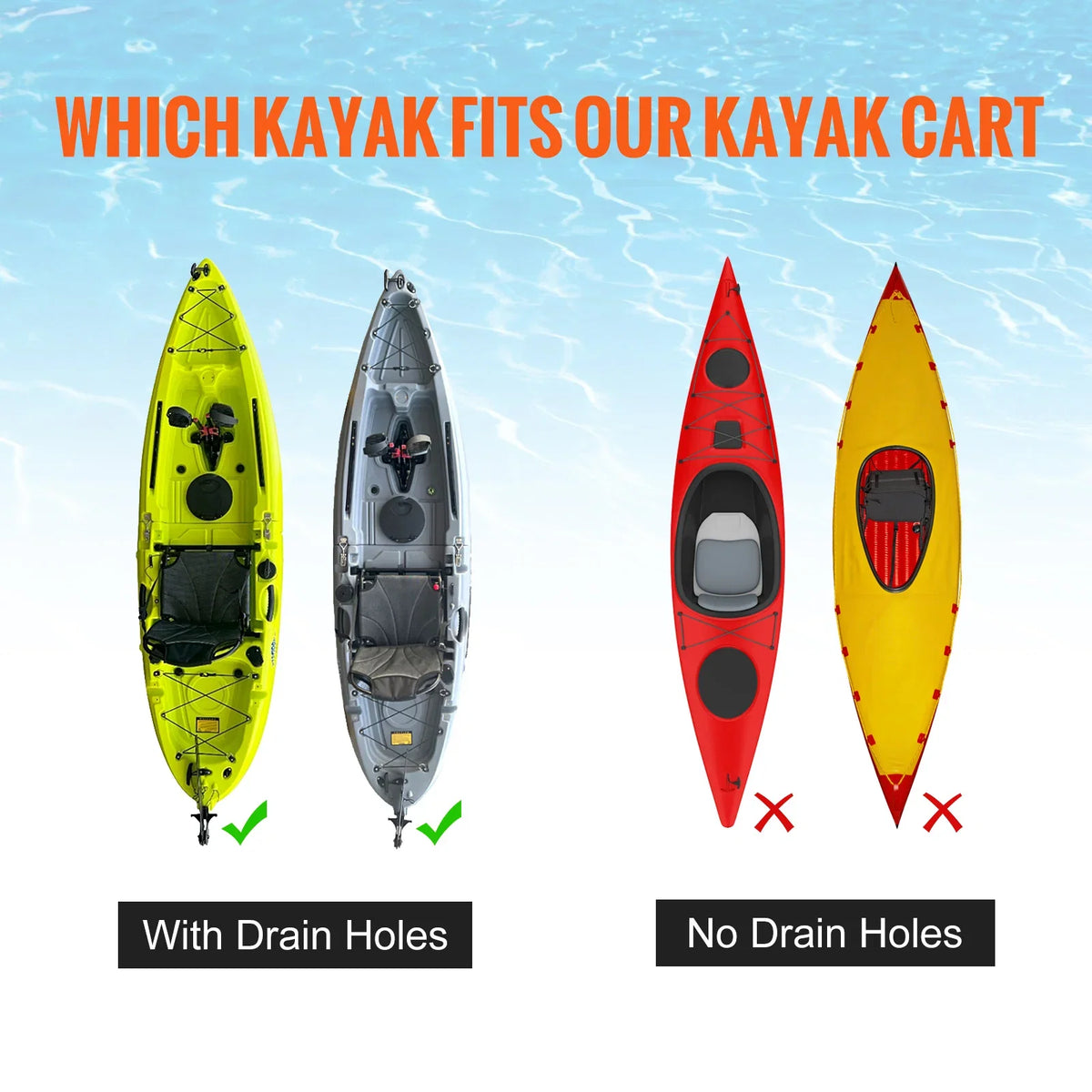 Heavy Duty Kayak Cart 280lbs Load Capacity Detachable Canoe Trolley Cart for Kayaks with Drain Holes of 2.54mm and Above