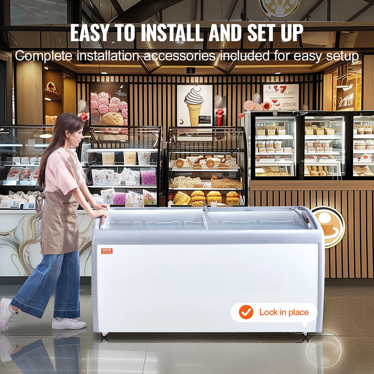 Commercial Ice Cream Display Case,16.3 Cu.ft Chest Freezer,Mobile Glass Top Deep Freezer,Restaurant Gelato Dipping Cabinet