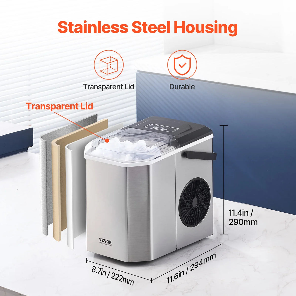 Countertop Ice Maker, 9 Cubes Ready in 6 Mins, 26lbs in 24Hrs, Self-Cleaning Portable Ice Maker with Ice Scoop and Basket