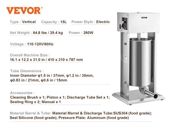 10L 15L Electric Stuffer,Vertical Sausage Stuffer w/Speed Stepless,304 Stainless Steel Sausage Machine w/4 Stuffing Tubes