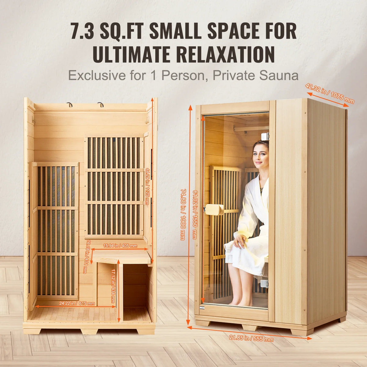 Far Infrared Wooden Sauna Room Low EMF Wood Sauna with LED Lamp & Bluetooth 1400W Indoor Use Sauna Spa for Single Person