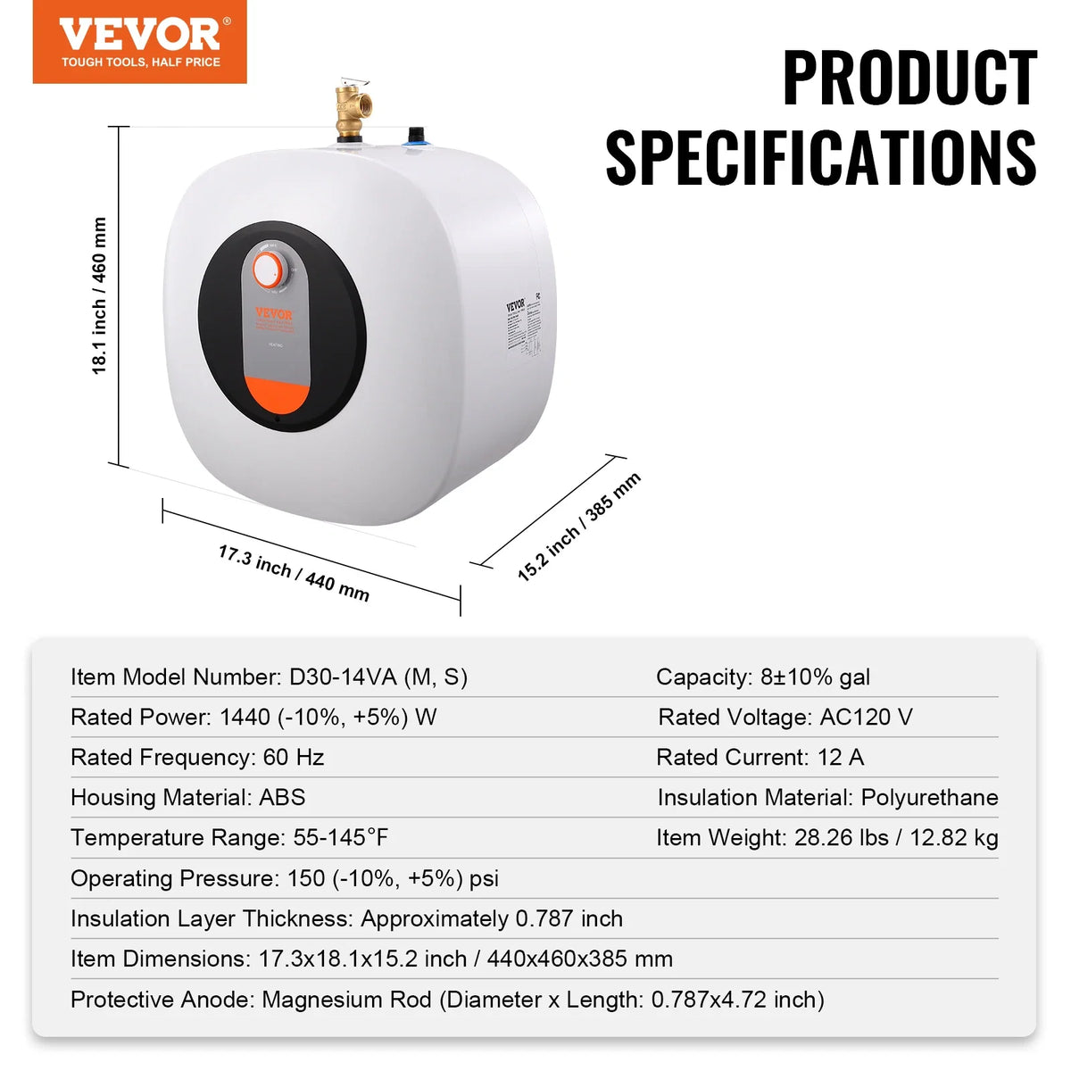 Electric Mini-Tank Water Heater, 2.5/4/8-Gal Tank Hot Water Storage, Safety Temperature Pressure Valve,for Kichen Bathroom