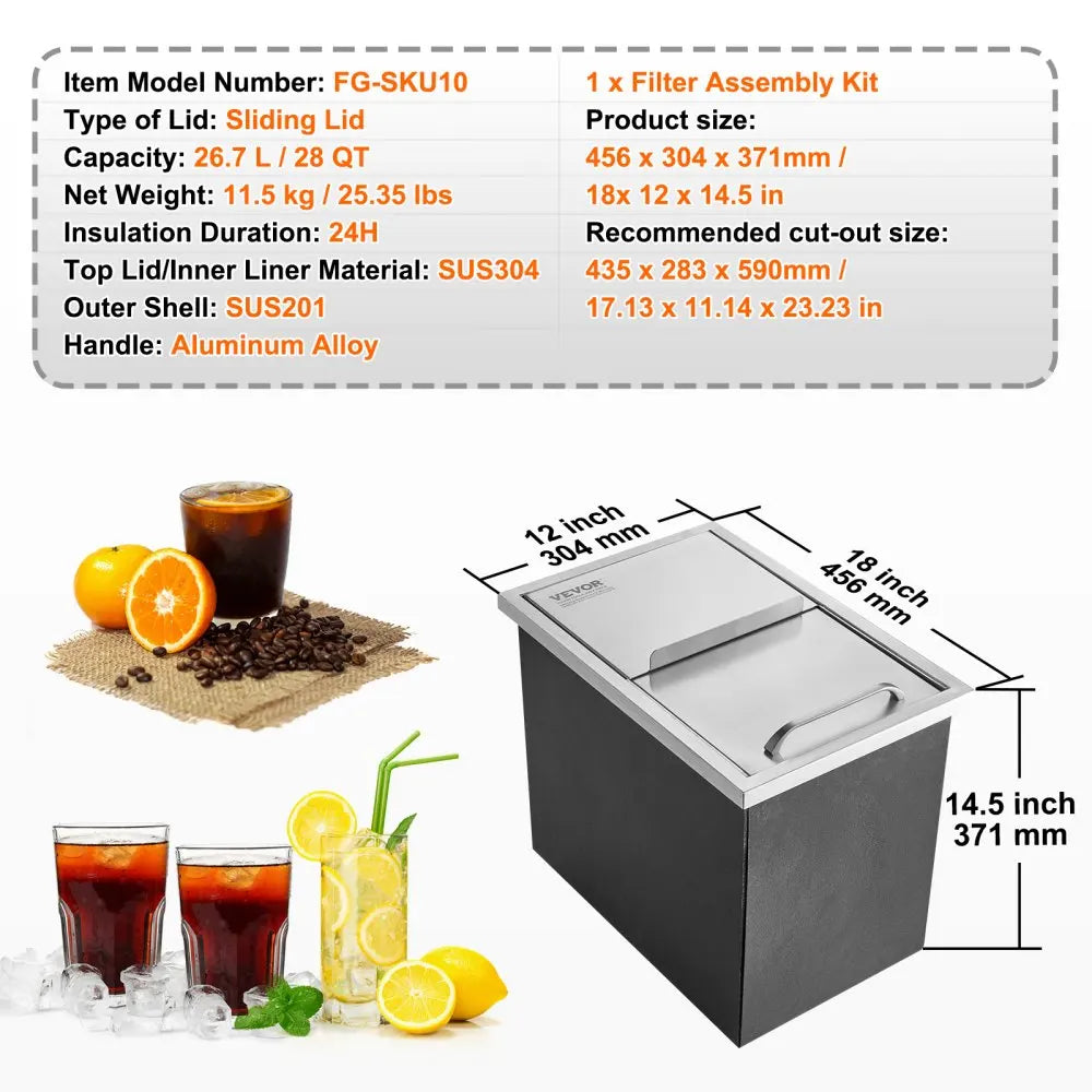 Drop in Ice Chest,Stainless Steel Ice Cooler,Ice Bin with Sliding Cover,40.9qt Outdoor Kitchen Ice Bar,for Cold Wine Beer