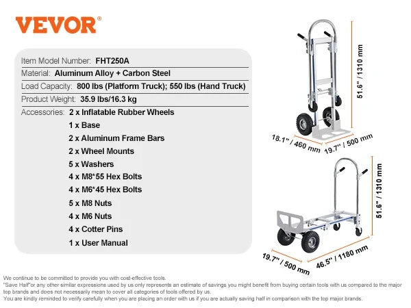 Aluminum Folding Hand Truck Heavy Duty Industrial Collapsible Dolly Cart for Transport and Moving in Warehouse Supermarket