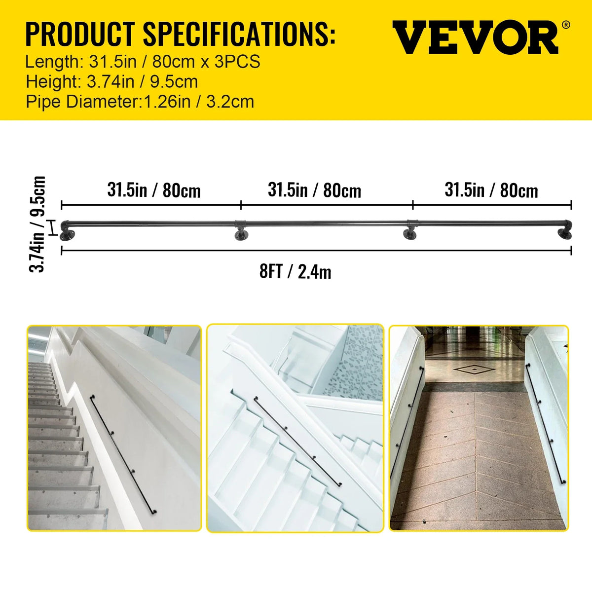 Stair Handrail Outdoor Safety Handrailings Loadable Staircase Hand Rail Stairway Straight Grab Support Round Corner Wall