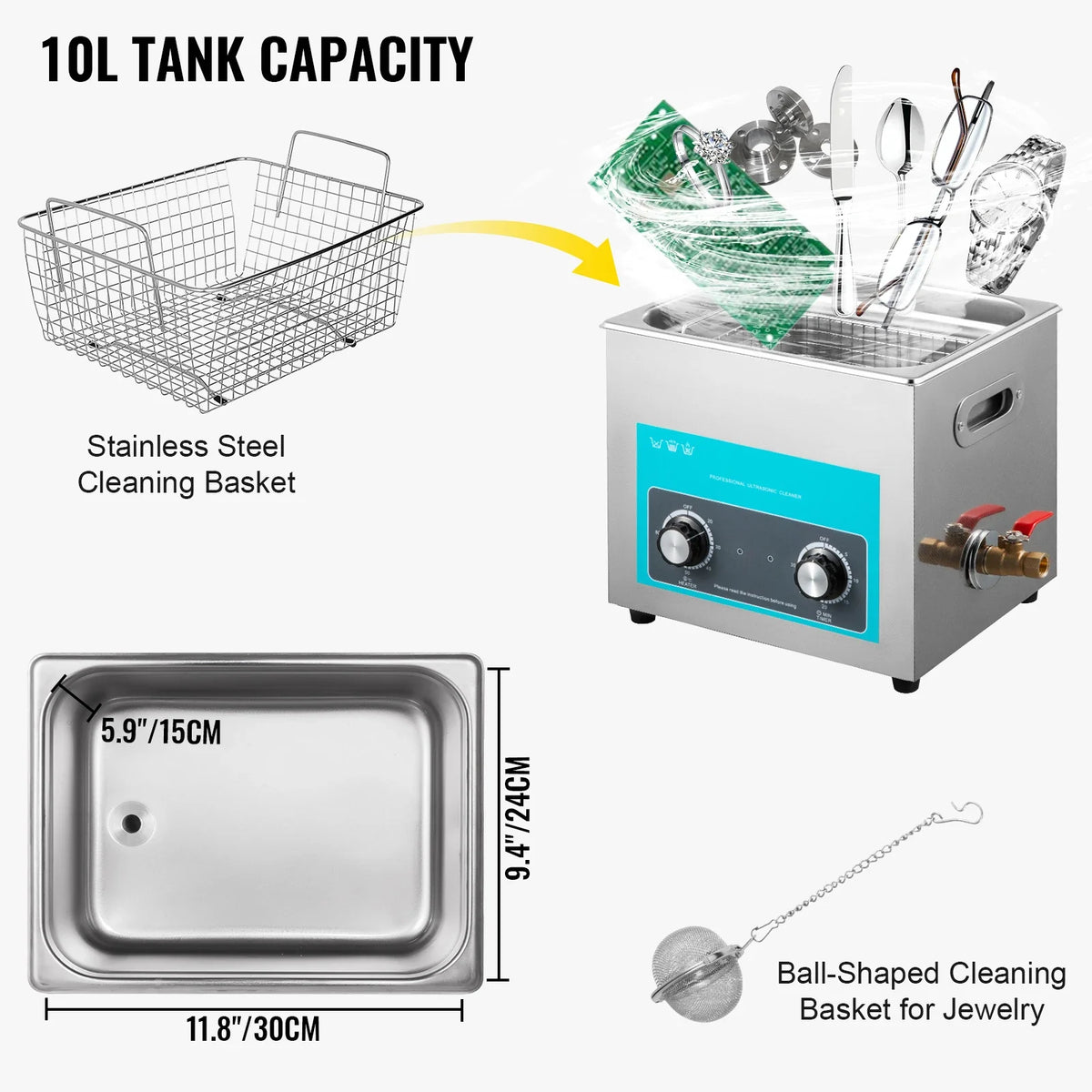 10L Ultrasonic Cleaner Knob Control Jewelry Cleaner with Heater Timer for Cleaning Jewelry Eyeglass Rings Dentures