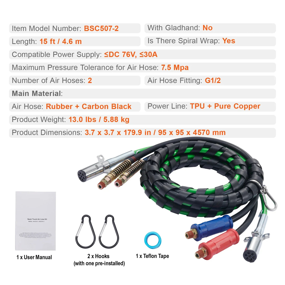 12/15FT Semi Truck Air Lines Kit 3-in-1 Air Hoses & ABS Power Line for Semi Truck Trailer Tractor with Hook & Teflon Tape