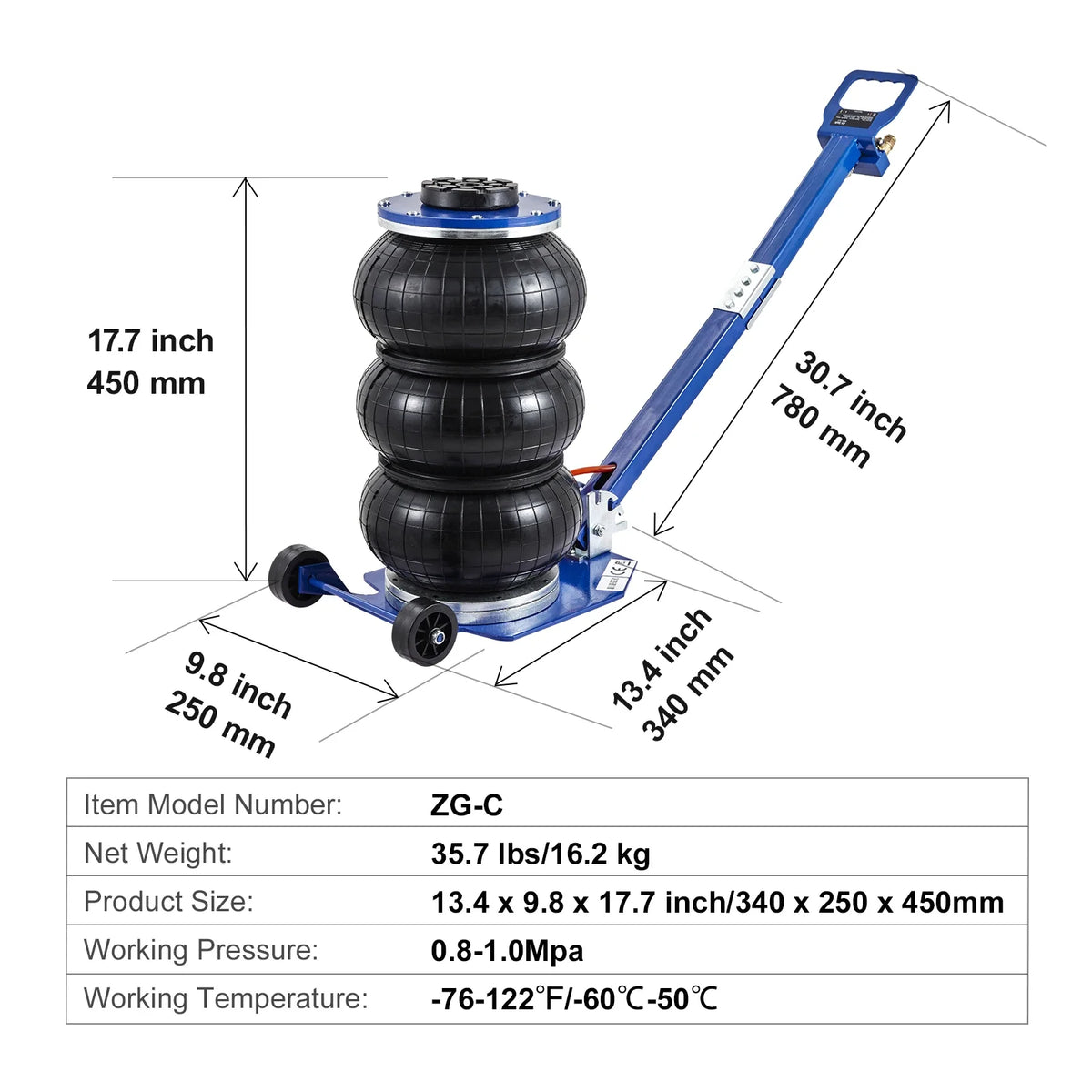 3 Ton/6600 lbs Triple Bag Air Jack with Six Steel Pipes 3-5 s Fast Lifting with Long Handle for Cars Garages Repair