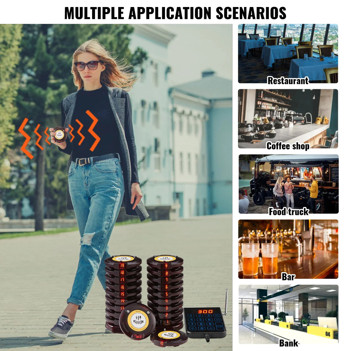 Restaurant Pager Wireless Calling System Coaster Buzzer Vibrator Bell Receiver Beeper for Food Truck Cafe Bar 20 pagers