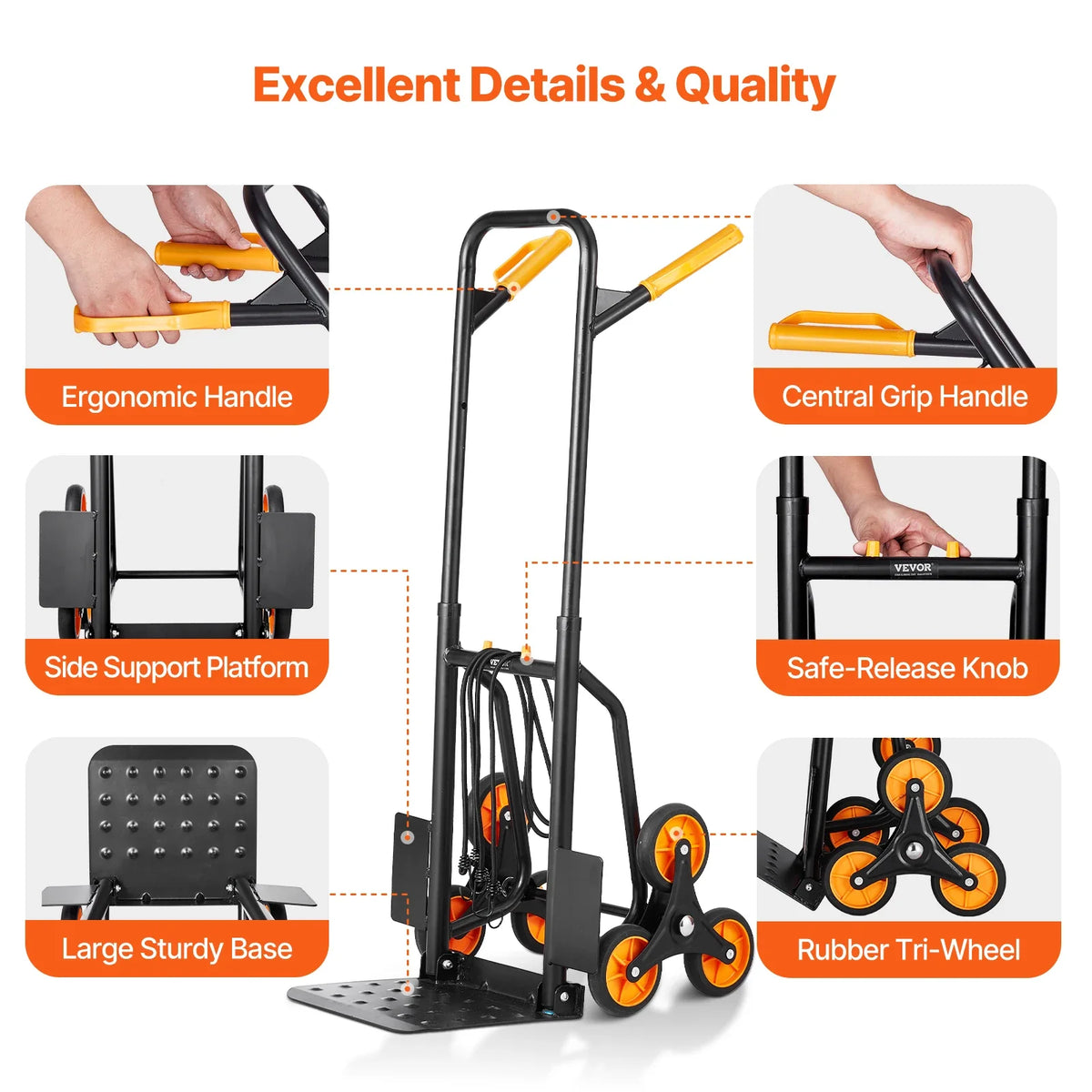 440 lbs Folding Hand Truck Dolly with Handle 6 Wheels & 2 Elastic Ropes Stair Climbing Cart for Shopping Moving Warehouse