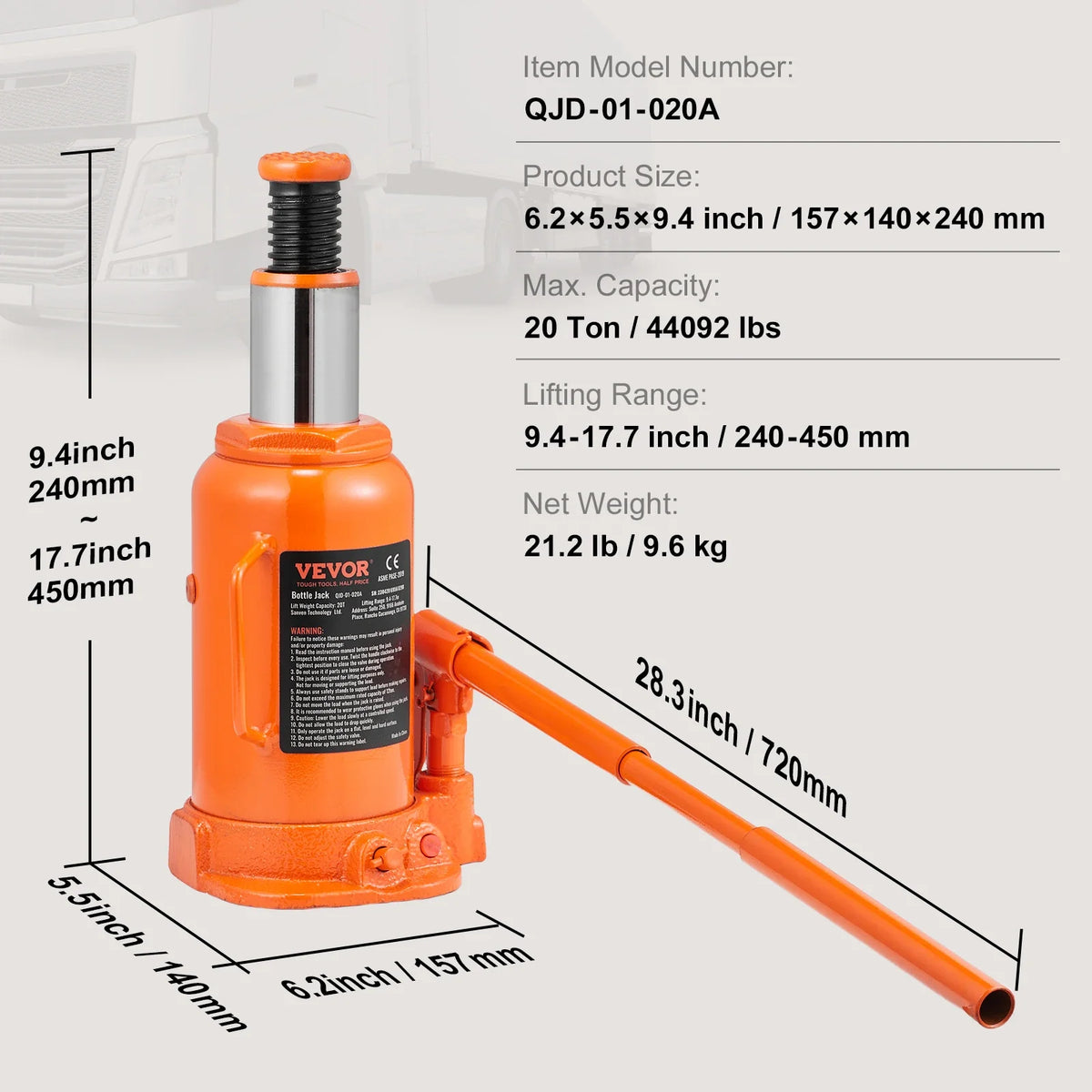 Hydraulic Bottle Jack 20 Ton/44092 LBS All Welded Bottle Jack for Car Pickup Truck RV Auto Repair Industrial Engineering