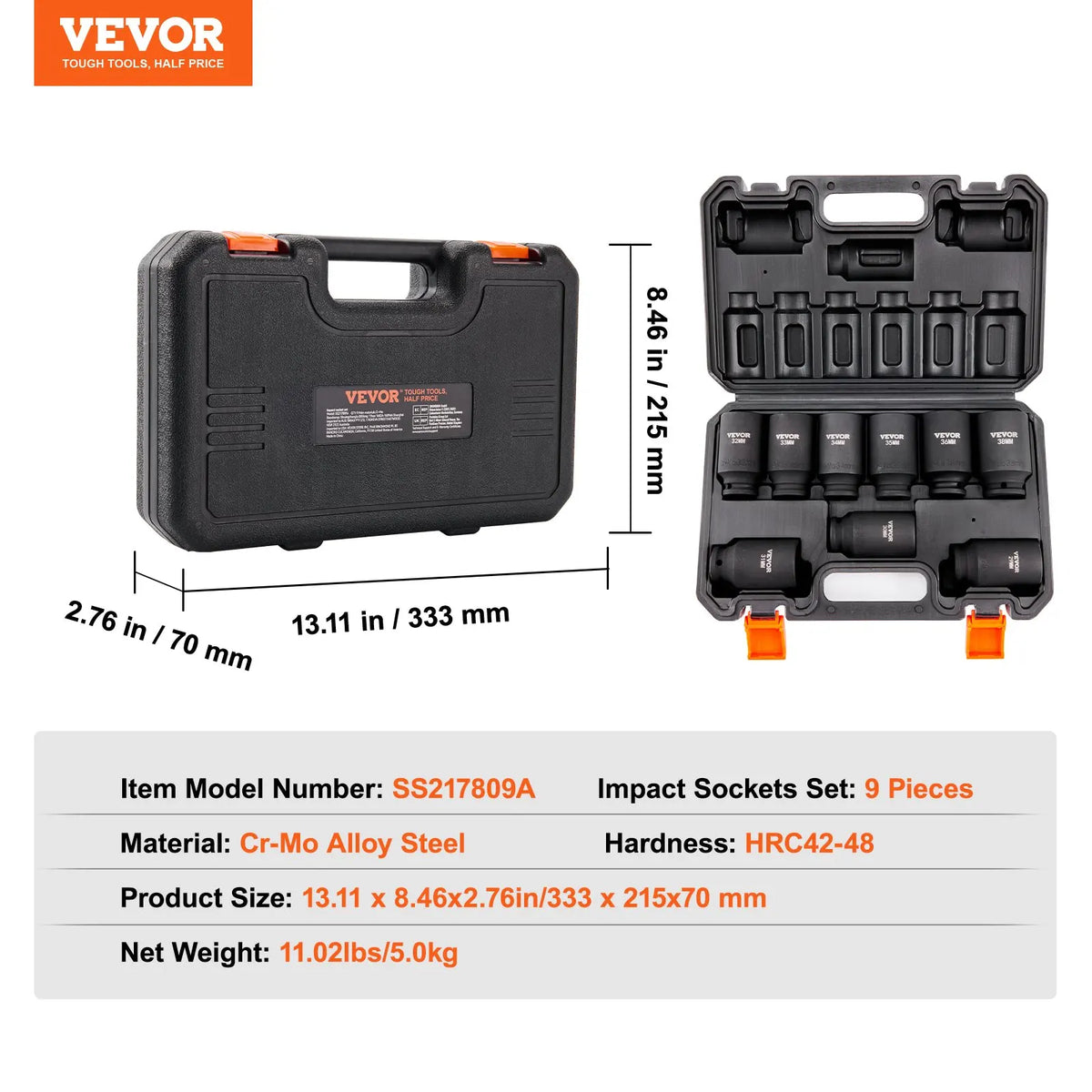 1/2" Drive Impact Socket Set 9/11 Piece Deep Socket Set Metric Cr-Mo Cr-V Alloy Steel for Auto Repair Ratchet Tool Kit