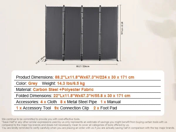 4/3/1 Panel Room Dividers Adjustable In Size & Height Freestanding & Foldable Privacy Screen Partition for Office Home