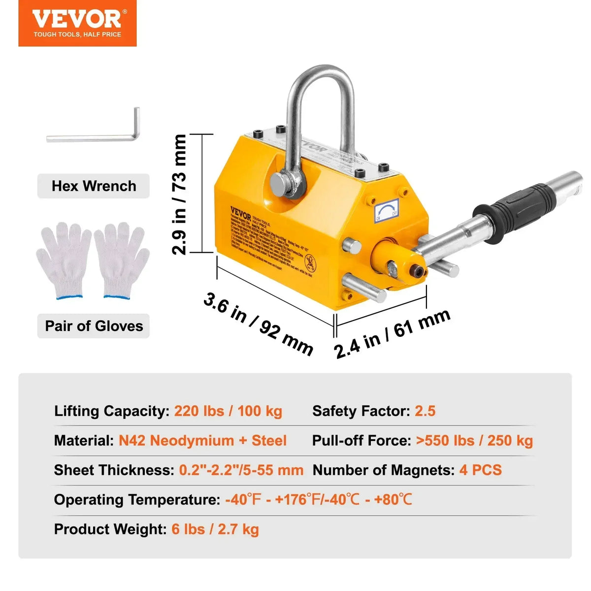100KG-2000KG Permanent Magnetic Lifter Pulling Capacity 2.5 Safety Factor Neodymium & Steel Lifting Magnet Lift Magnets