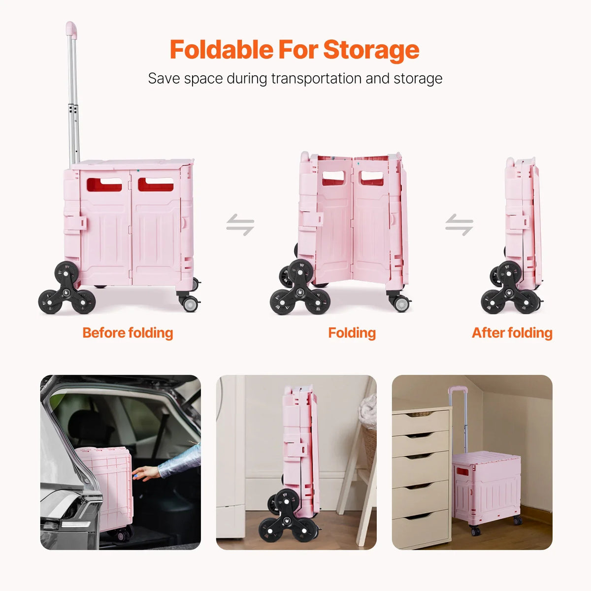 150lbs Stair Climbing Cart 65L Foldable Utility Hand Cart with Wheels Collapsible Crate Rolling Cart for Shopping Office