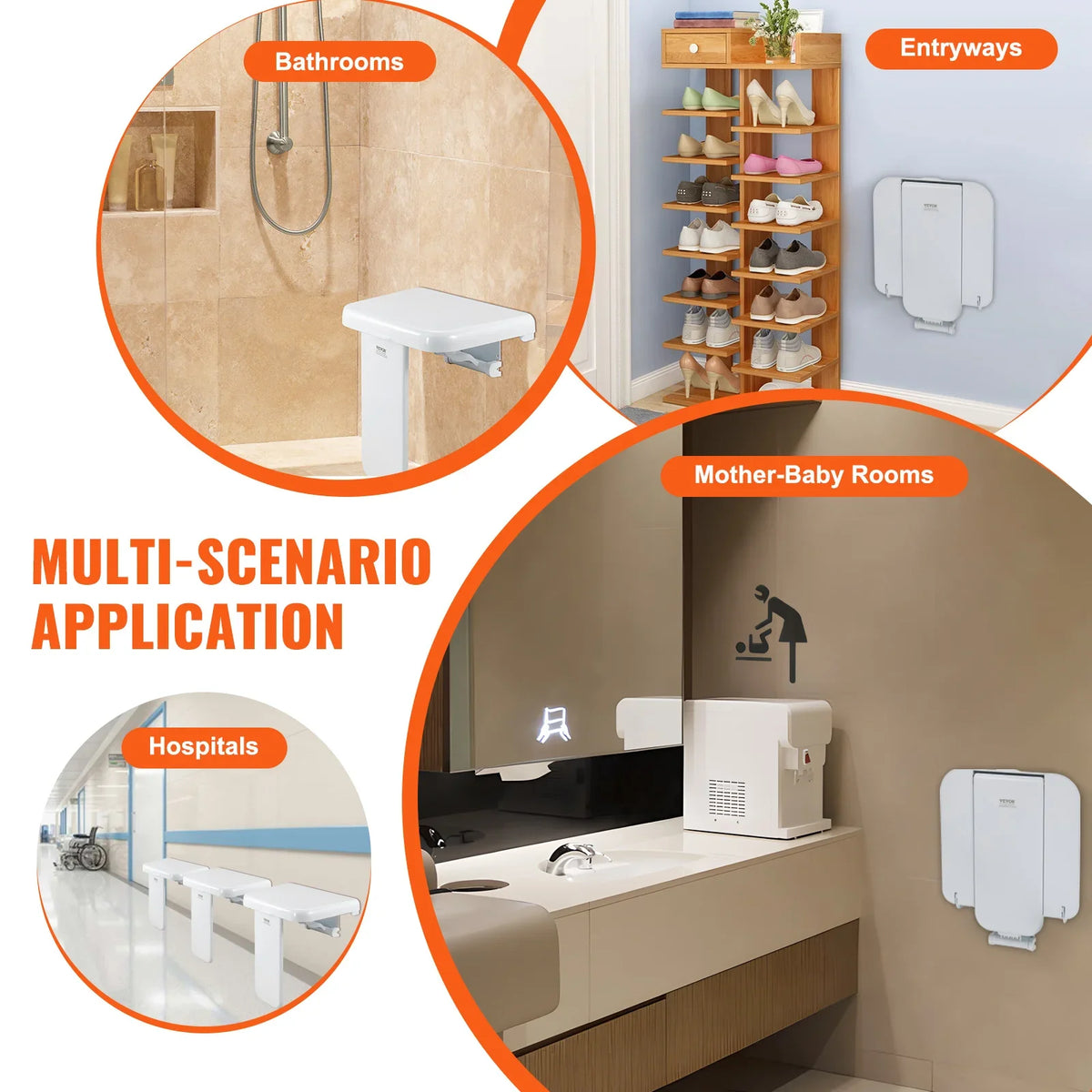Folding ABS Shower Seat 15.7'' x 16.7'' Unfolded, Wall Mounted Fold Up Shower Bench 440 lbs for Seniors Pregnant Women