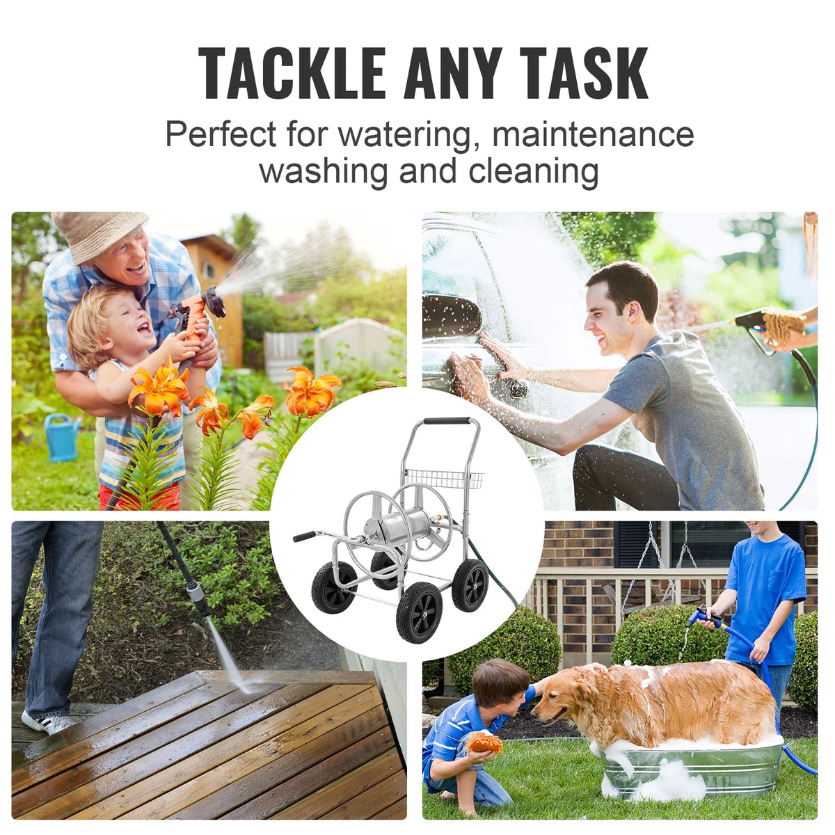 Hose Reel Cart300 ft 5/8’’ Hose Garden Water Hose Carts Mobile Tools with Storage Basket for Garden Yard Lawn