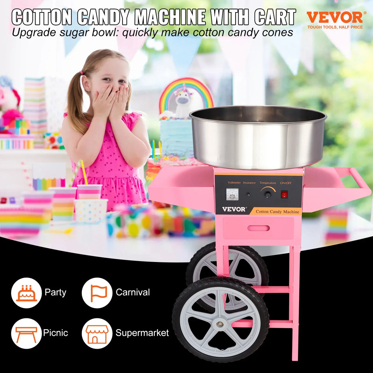 Electric Cotton Candy Machine with Cart 1000W Commercial Floss Maker w/Bowl Sugar Scoop Drawer for Home Birthday Party