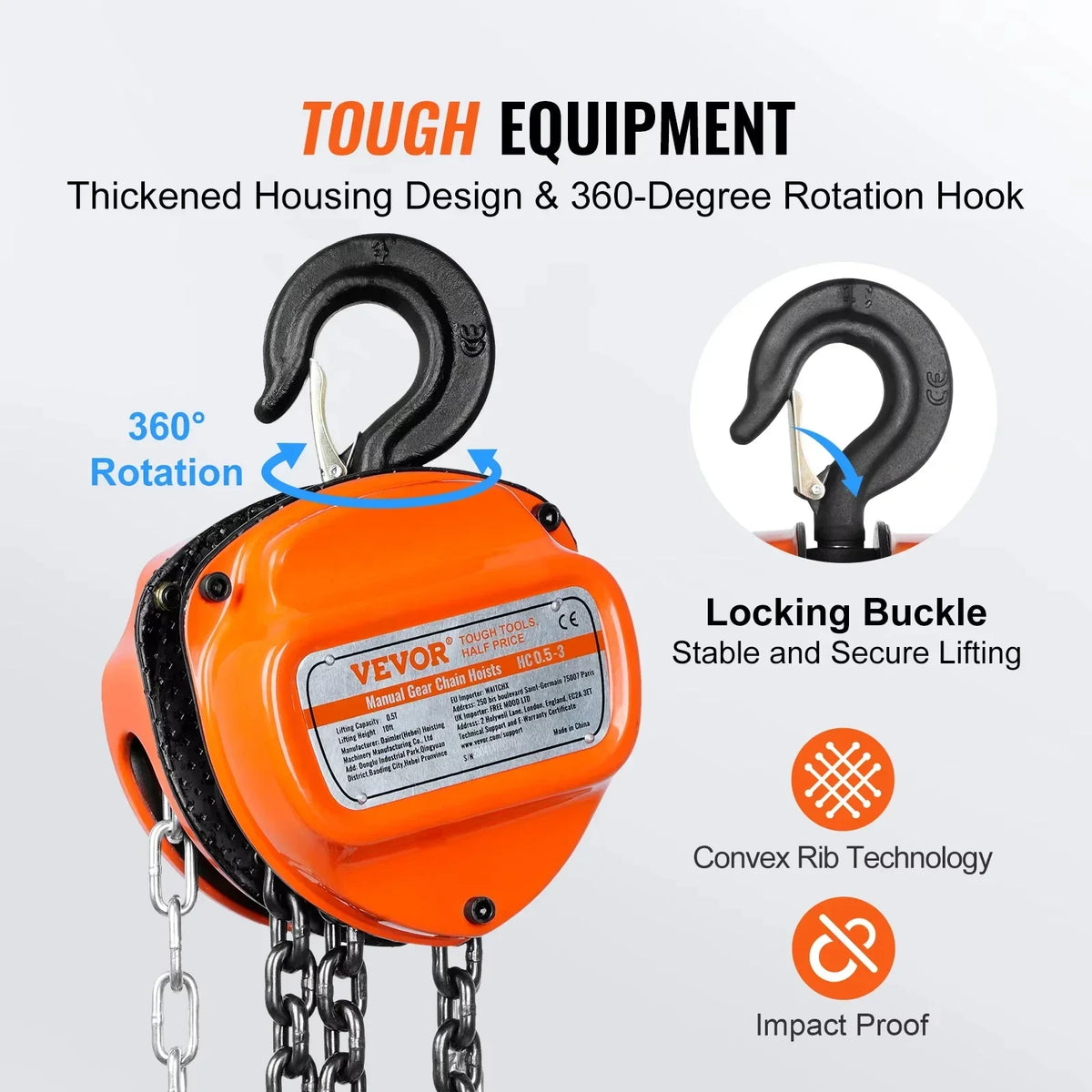 1/2/3T Manual Hand Chain Hoist G80 Galvanized Carbon Steel with Double-Pawl Brake Auto Chain Leading 360° Rotation Hook