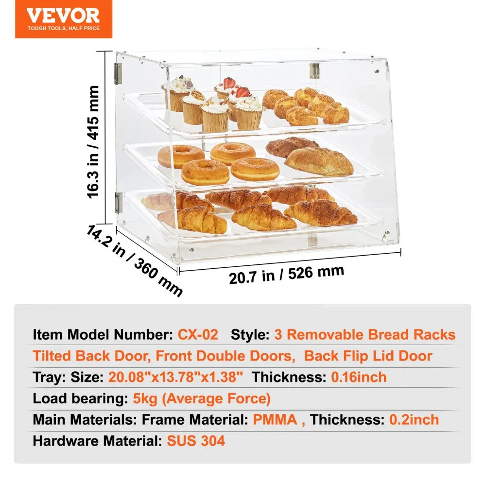 Commercial Countertop Pastry/Bakery Display Case, Acrylic Glass with Rear Door Access for Food Storage & Presentation
