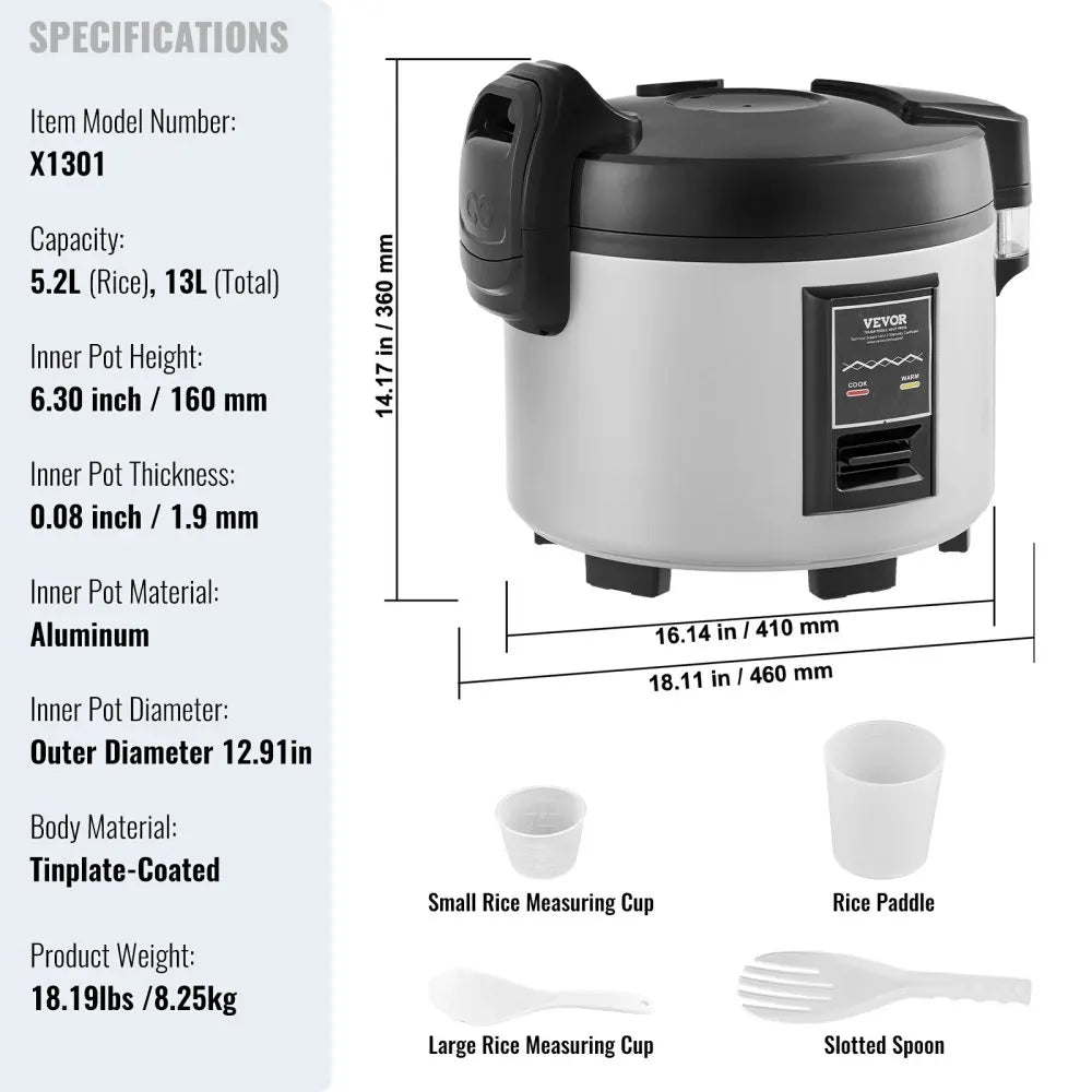 Commercial 60-Cup,13.74Qt Large Rice Cooker & Warmer, Nonstick Inner Pot, Fast Cooking, Stainless Steel for Restaurants
