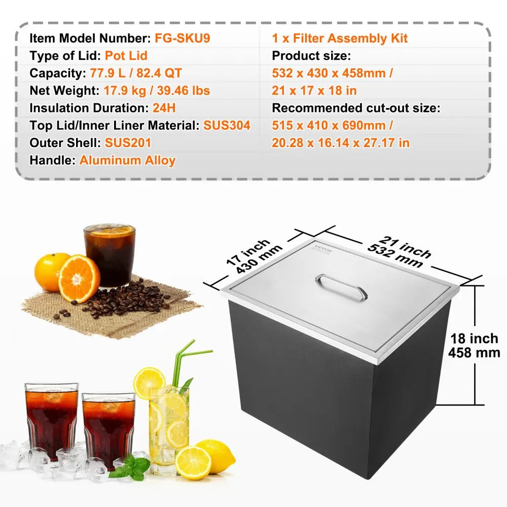 Drop in Ice Chest,Stainless Steel Ice Cooler,Commercial Ice Bin with Cover,Outdoor Kitchen Ice Bar,for Cold Wine Beer