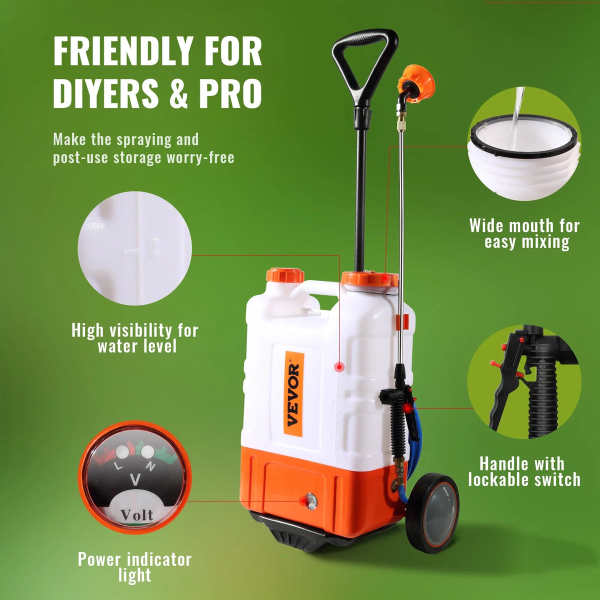 Backpack Sprayer w/Cart 0-94PSI Adjustable Pressure 12V 7.2Ah Battery Wide Mouth Lid Garden Sprayer for Weeding/Cleaning