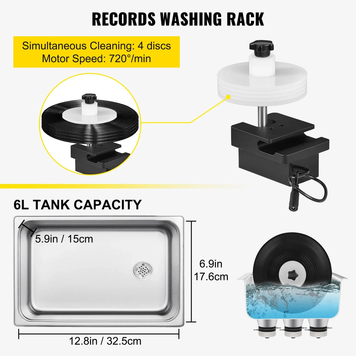 Ultrasonic Vinyl Record Cleaner 6L 40kHz 180W Vinyl Ultrasonic Cleaning Machine Knob Control 8 Records Vinyl Sonic Cleaner